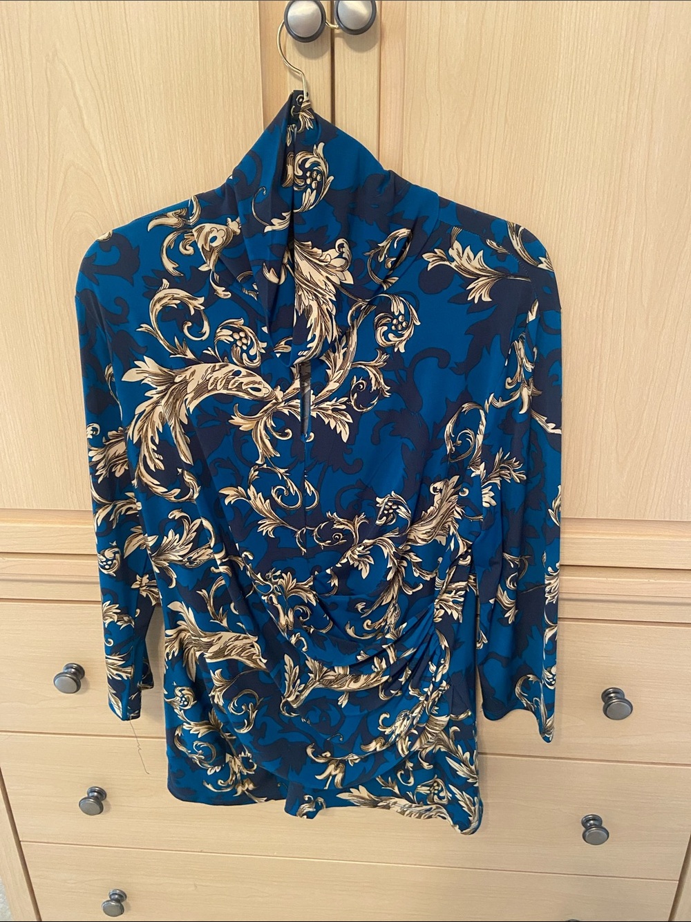 Draped Blue Baroque-Print Long Sleeve Blouse